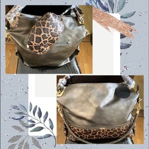 Two Tone 2 in 1 Leopard Hobo Bag Pewter/Brown